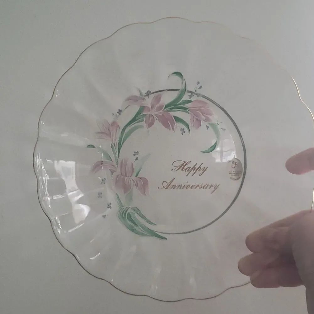 Vtg Fenton "Happy Anniversary" Decorative Crystal Plate w/Textured Floral Design